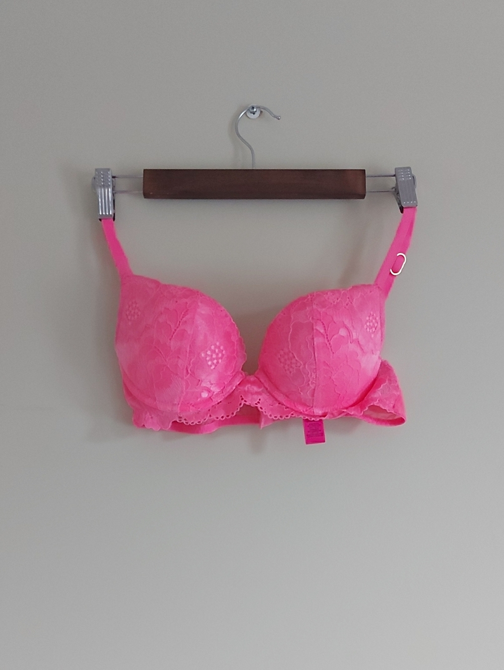 Lace Push-Up Bra & Thong Set In Neon Pink